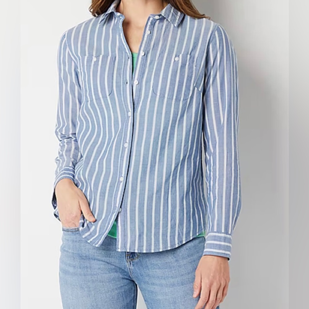St. John's Bay Womens Long Sleeve Regular Fit Button-Down Shirt (Petite Lrge)
